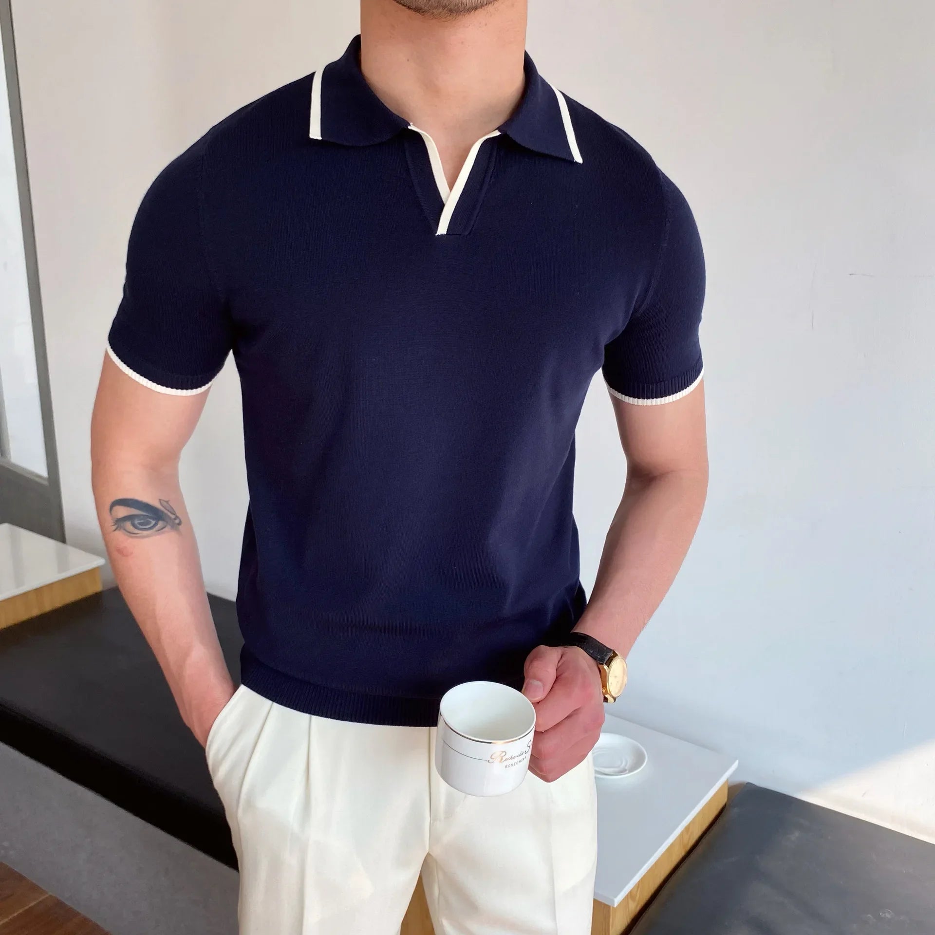 ALTAVILLA® Elbow-Sleeve Knit Polo Shirt