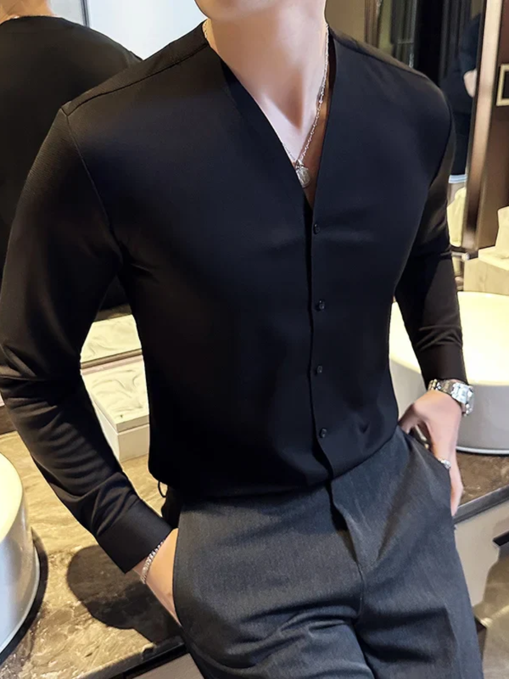 DALTON® V-Neck Long Sleeve Shirt for Men - Magnattos