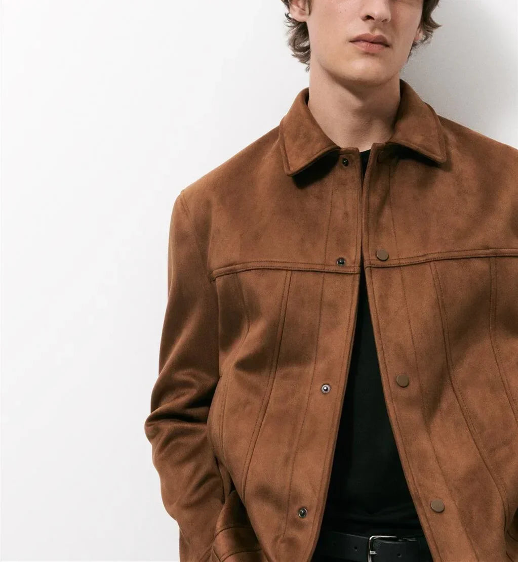 DELACROIX® Men's Suede Lapel Single Breasted Jacket - Dark Coffee / Black