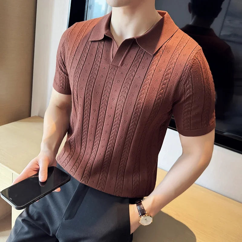 SALISBURY® 2025 Men's Striped Jacquard Knit Polo Shirt with V-Neck - Magnattos