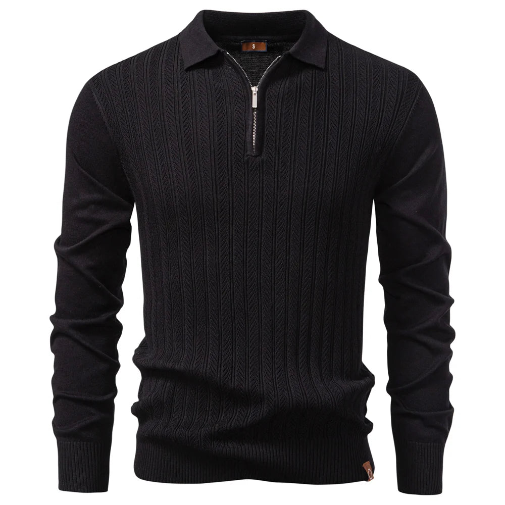 VALCERO® Zip Placket Cable Knit Slim Polo Shirt