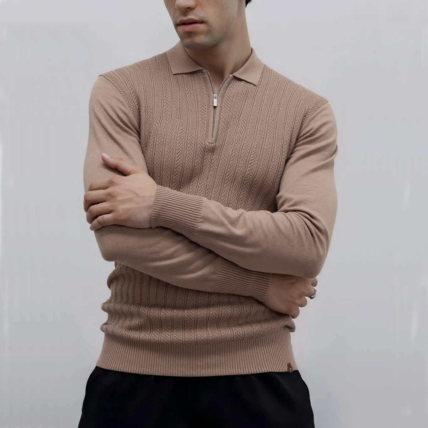 VALCERO® Zip Placket Cable Knit Slim Polo Shirt