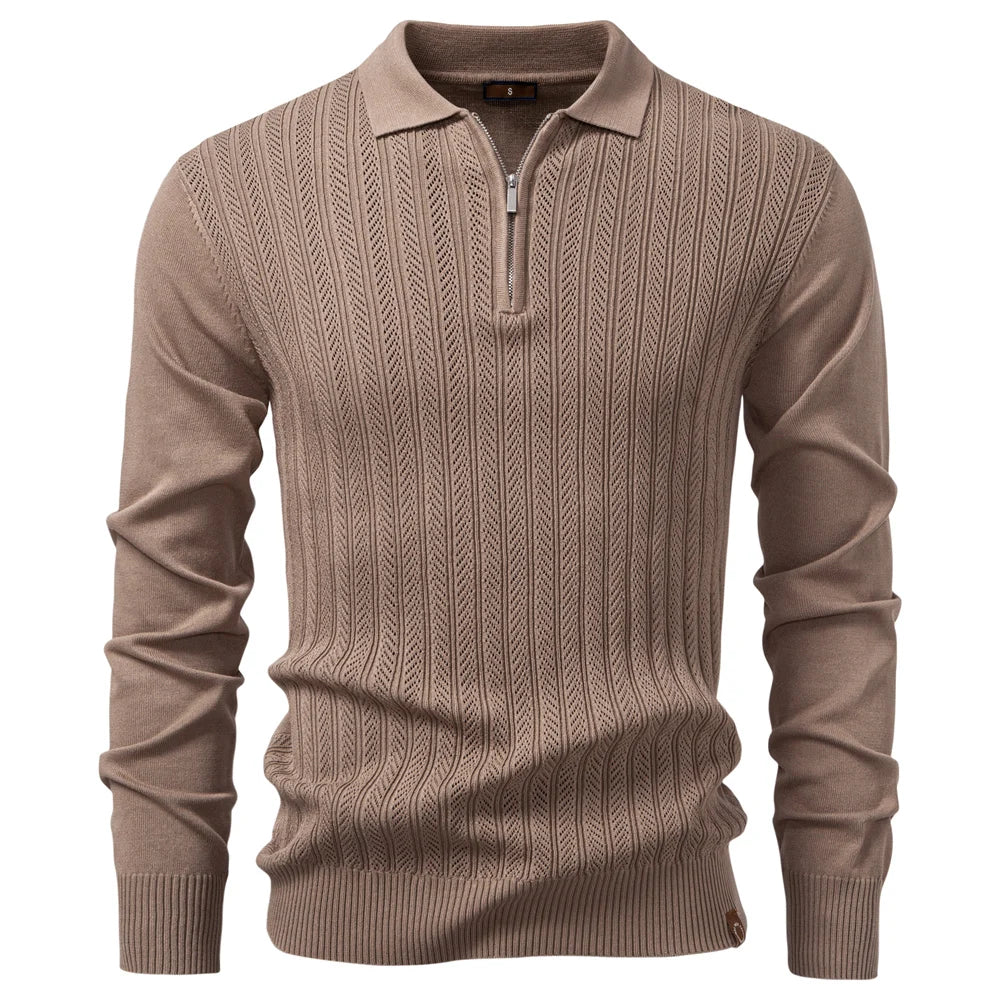 VALCERO® Zip Placket Cable Knit Slim Polo Shirt