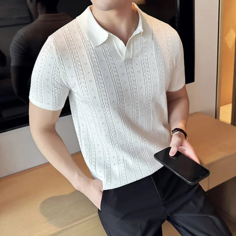 SALISBURY® 2025 Men's Striped Jacquard Knit Polo Shirt with V-Neck - Magnattos