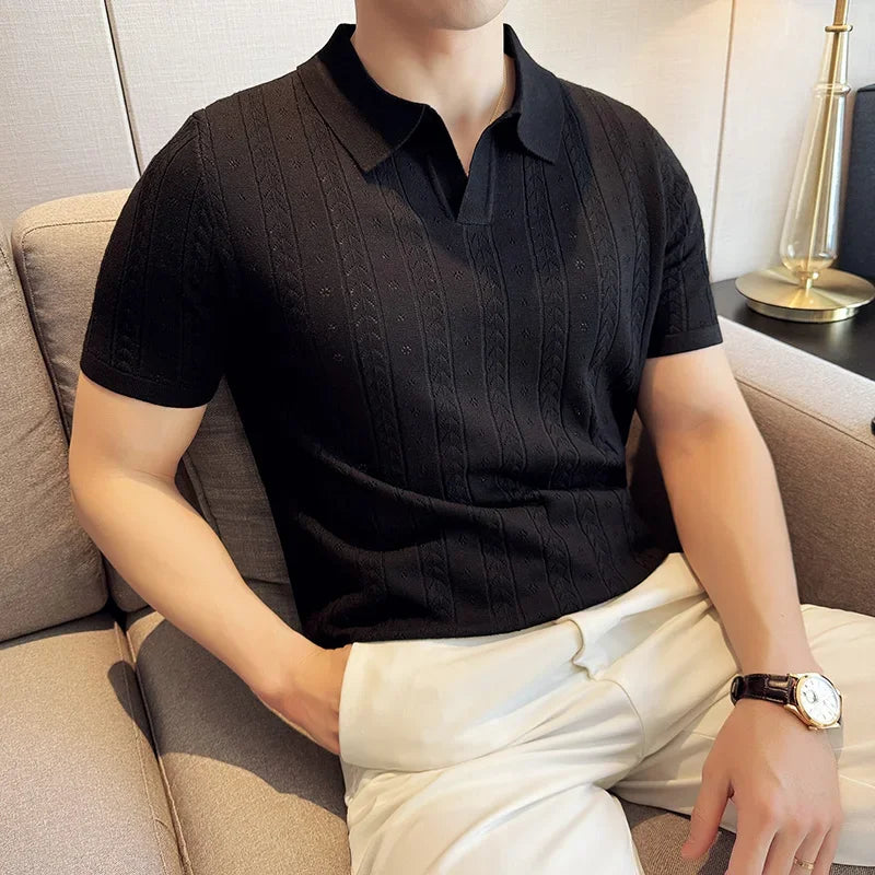 SALISBURY® 2025 Men's Striped Jacquard Knit Polo Shirt with V-Neck - Magnattos