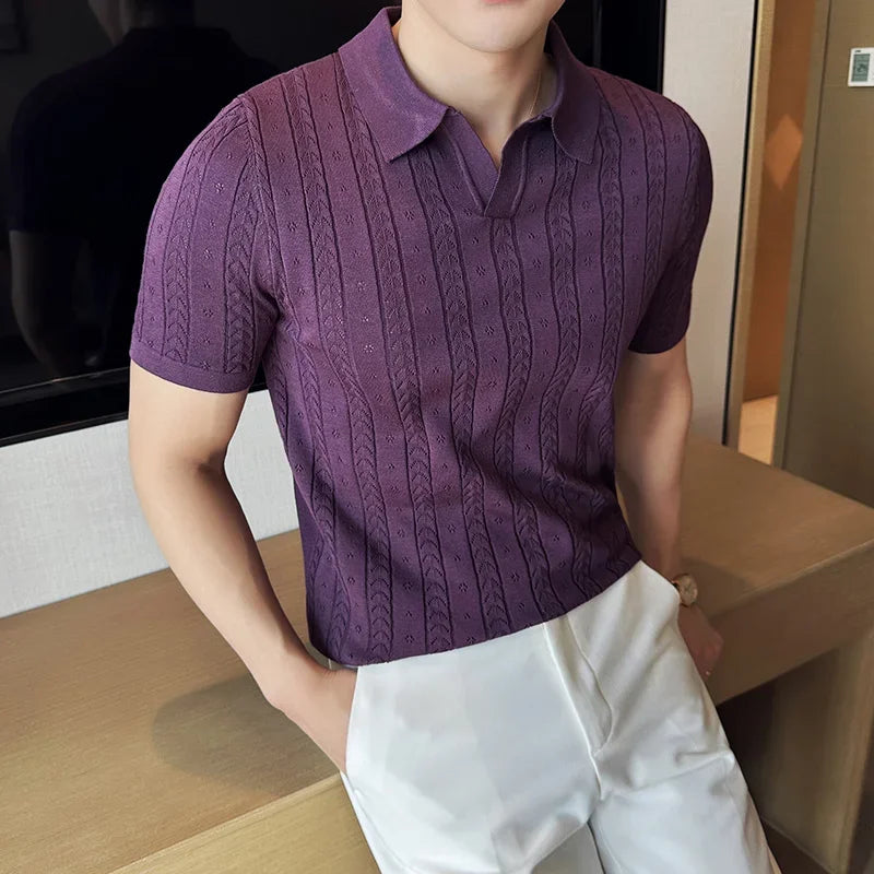 SALISBURY® 2025 Men's Striped Jacquard Knit Polo Shirt with V-Neck - Magnattos